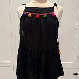 RAGA Black Boho Babydoll Tank Top Pom Pom Trim Tie (S)